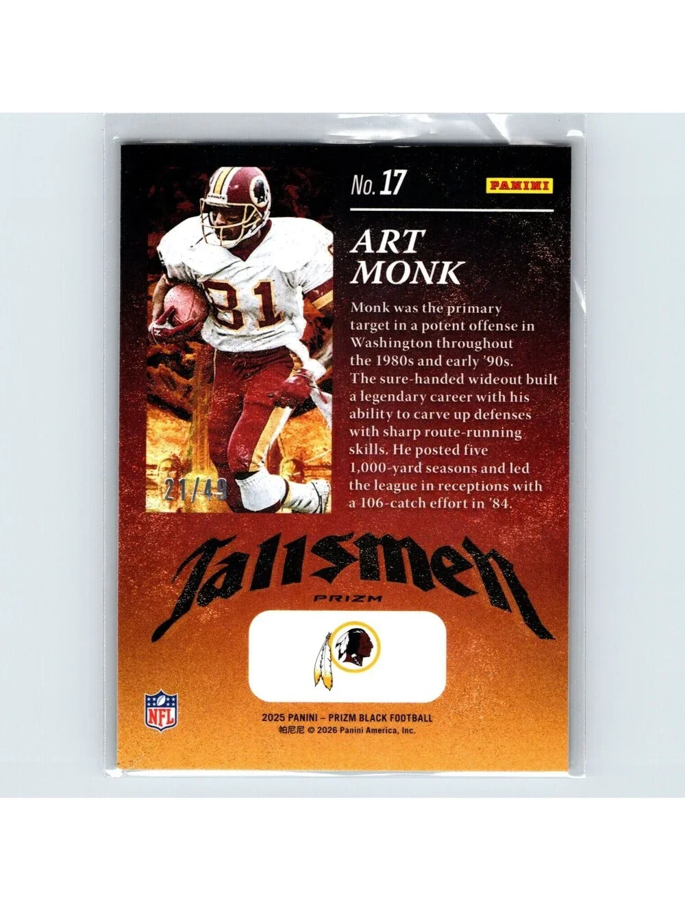 2025 Panini Prizm Black Art Monk #17 Talisman Orange #/49 Washington Redskins